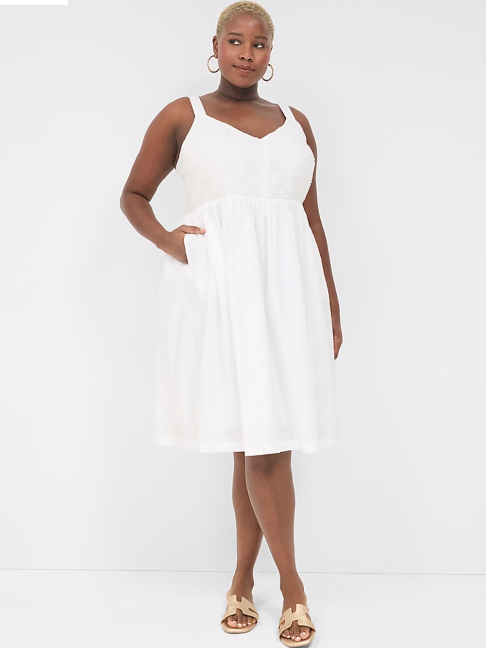 Lane Bryant Appliqué Bodice Smocked-Back Midi Dress White Size 18